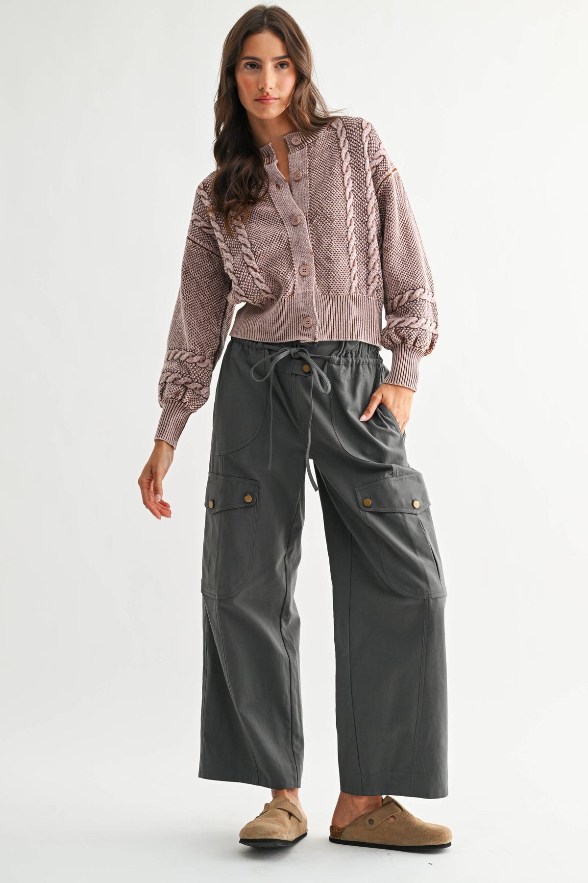 WASHED BLENDED BROWN CABLE KNIT CARDIGAN