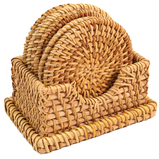 Set of 6 Natural Rattan Placemats with Rectangular Holder
