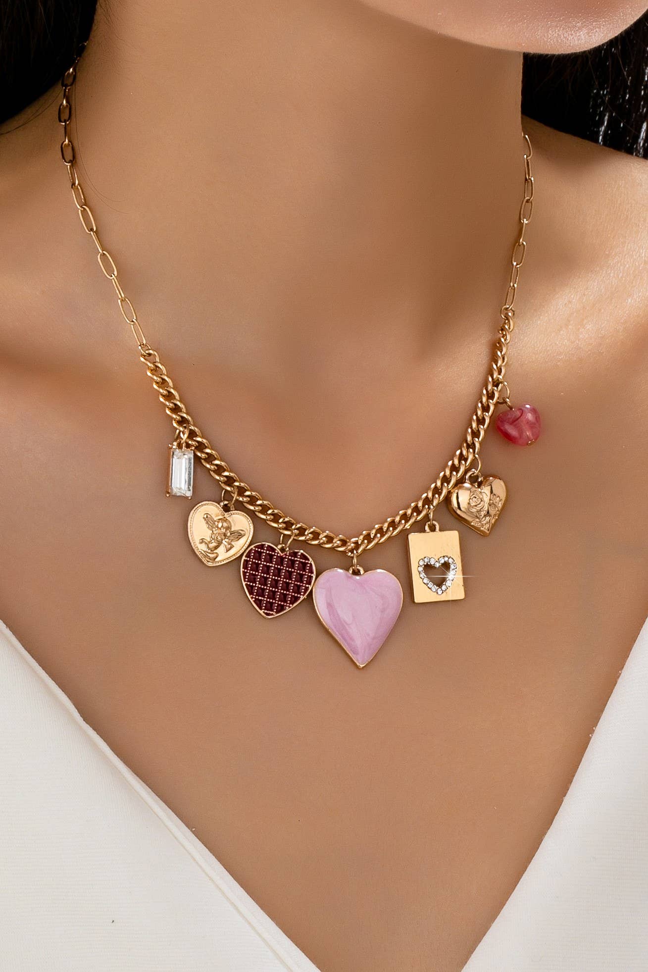 CHARM NECKLACE-HEARTS CHECKER RHINESTONE