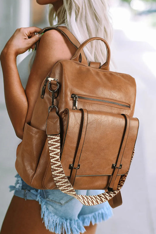 Embroidered Strap Attached Large PU Leather Backpack
