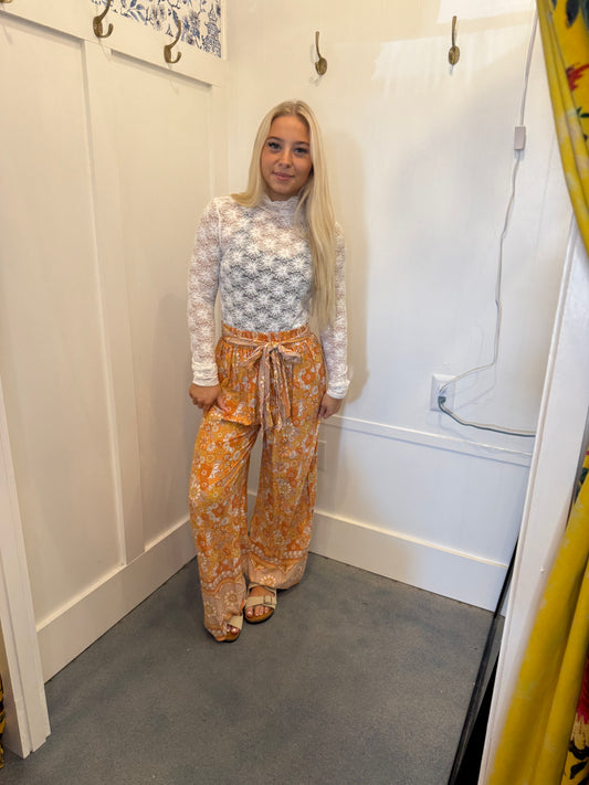 Tie Waist Boho Floral Wide Leg Pants