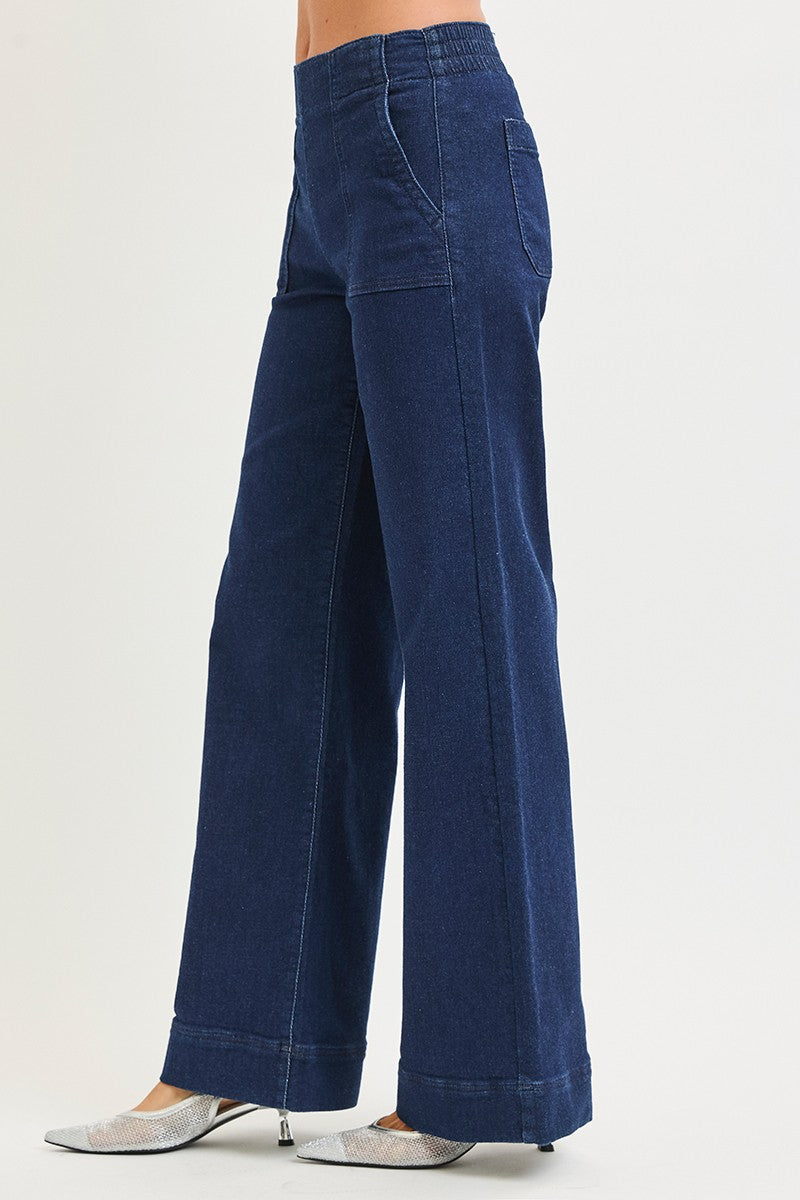 Elastic Band High Rise Wide Jeans Patch Pockets