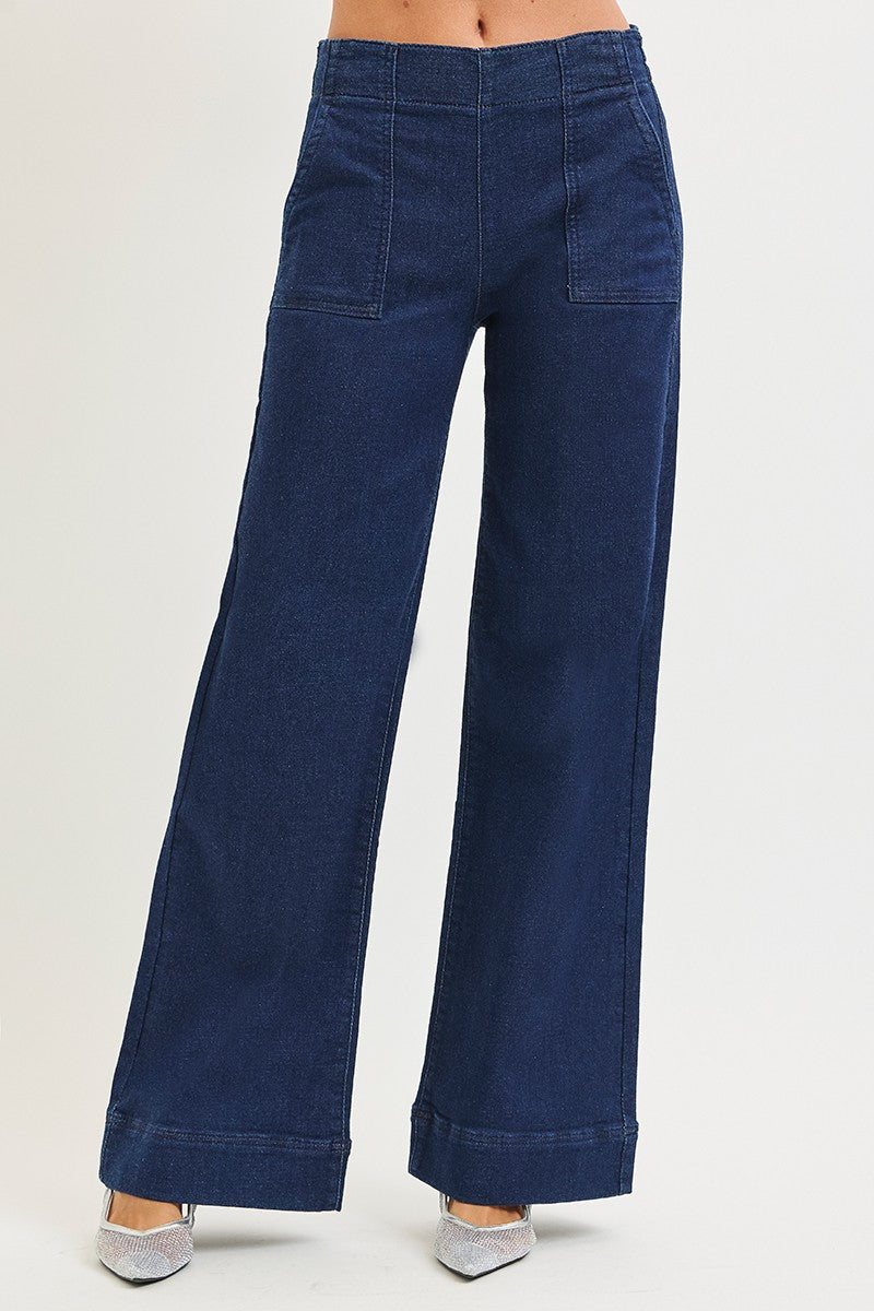 Elastic Band High Rise Wide Jeans Patch Pockets