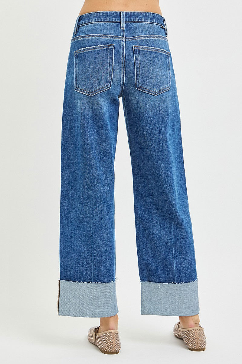Mid Rise Cropped Straight Jeans With Cuffed Hem