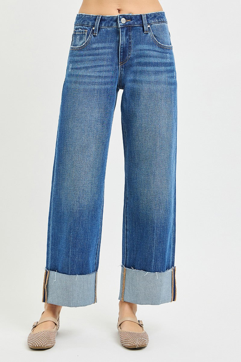 Mid Rise Cropped Straight Jeans With Cuffed Hem