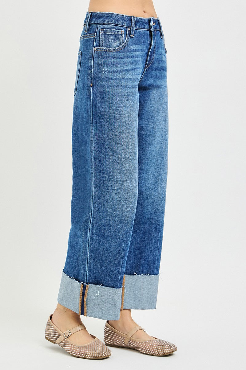 Mid Rise Cropped Straight Jeans With Cuffed Hem