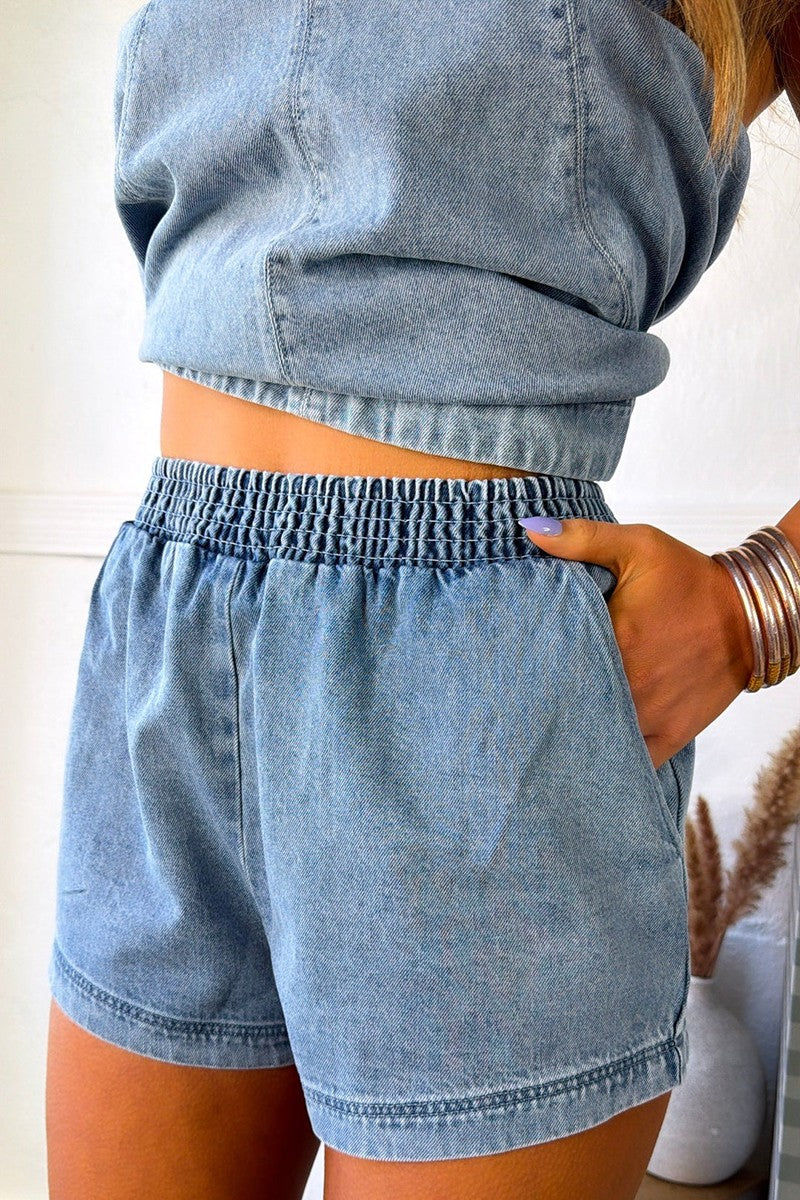 Flowy Sleeveless Denim Style Short Set