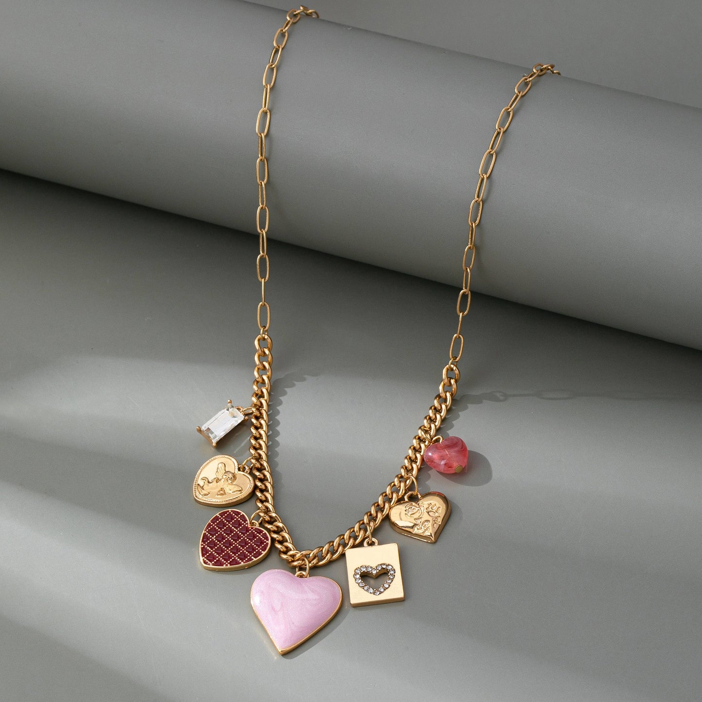 CHARM NECKLACE-HEARTS CHECKER RHINESTONE