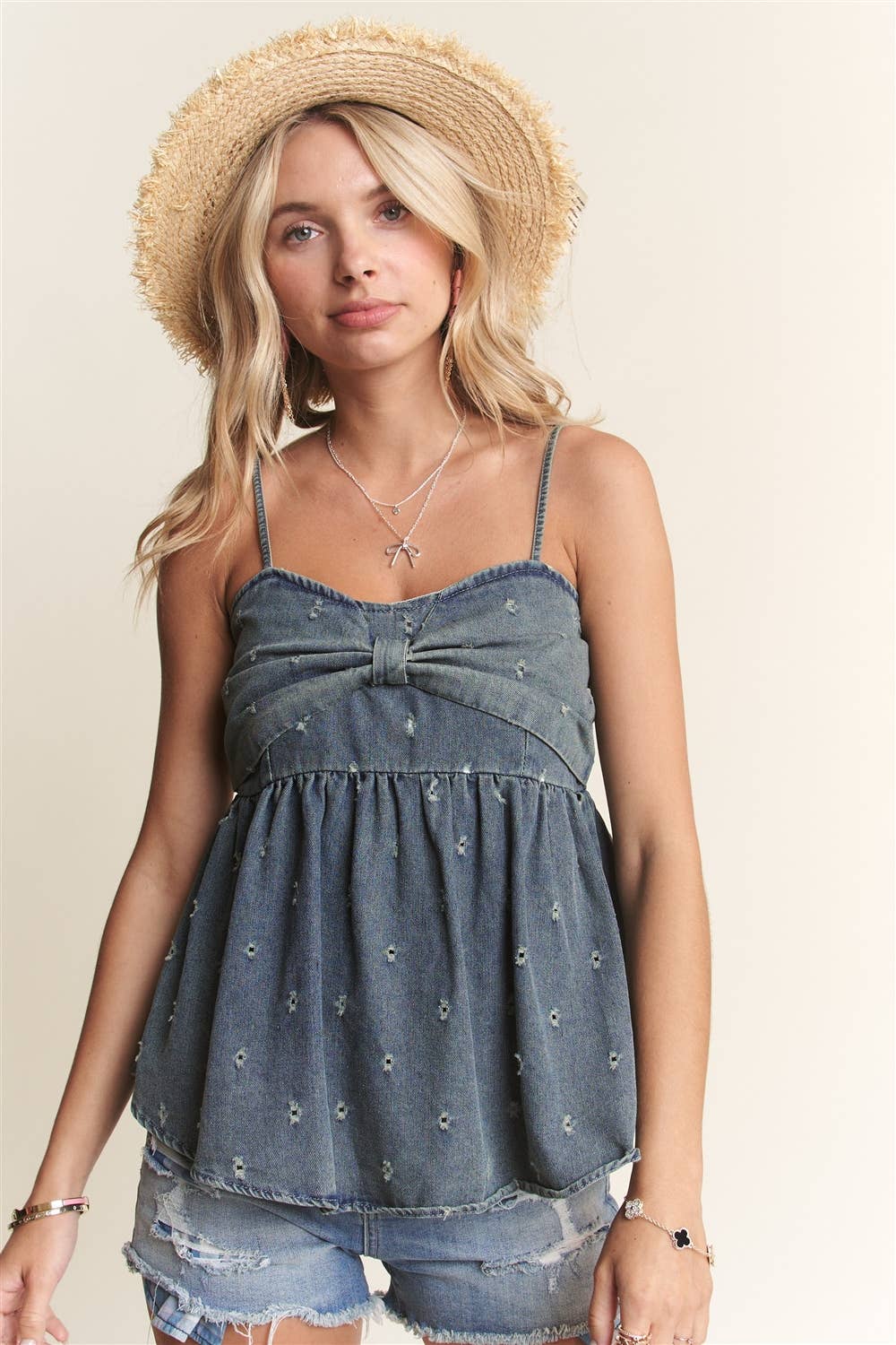 BOW ACCENT DISTRESSED WASHED DENIM TOP