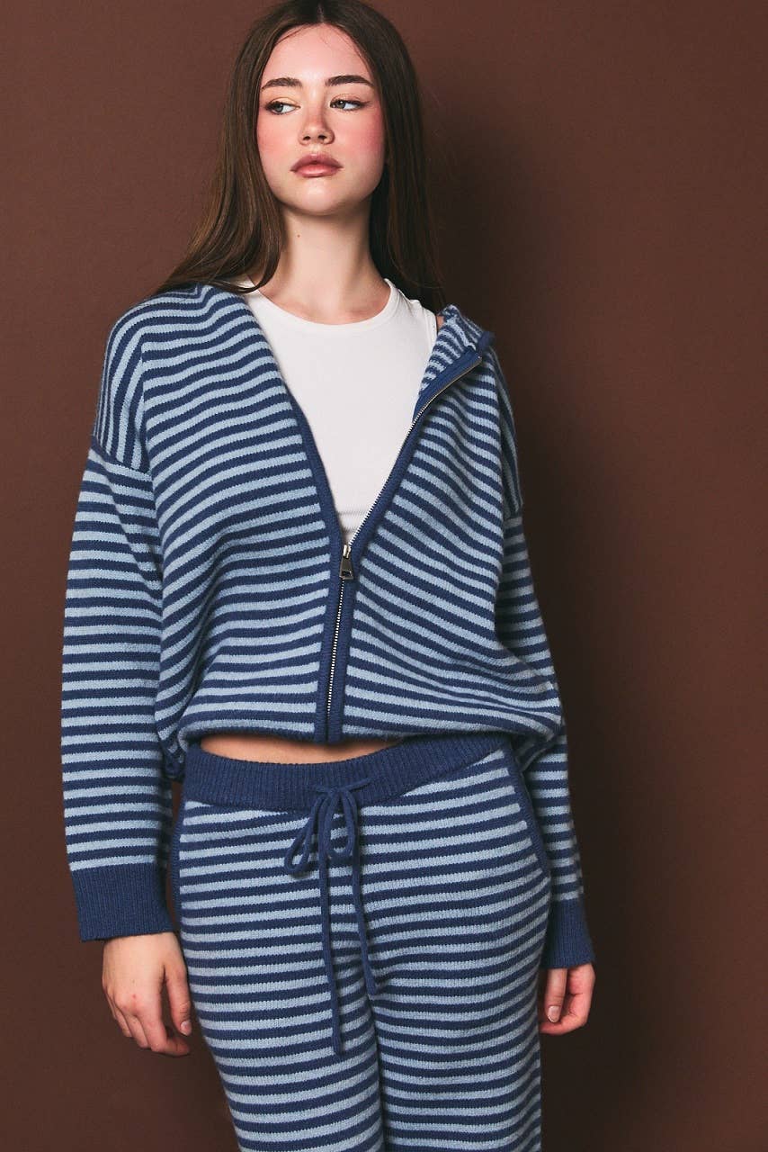 Striped Zip Up Knit Sweater Hoodie