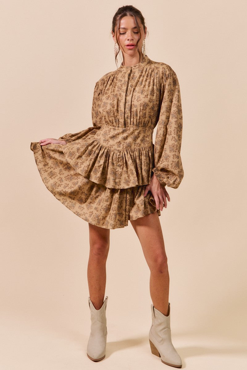 Floral Woven Flutter Tiered Boho Shirt Mini Dress