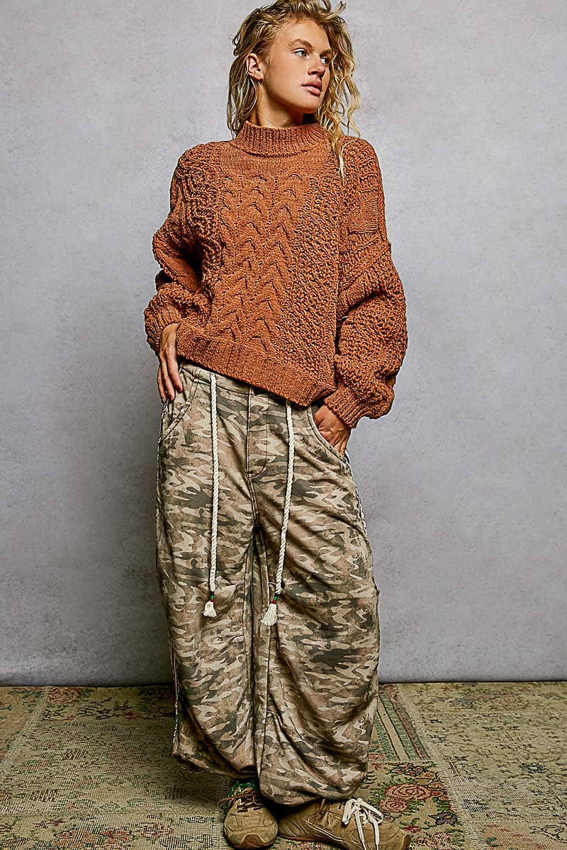 Mock Neck Balloon Sleeve Cable Knit Pullover Sweater