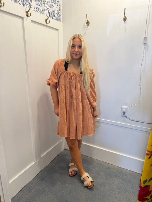 Square Neck Puff Sleeve Solid Babydoll Dress