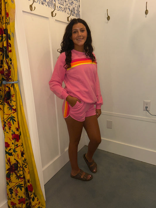 Striped Accent Pullover and Shorts Two Piece Casual Set