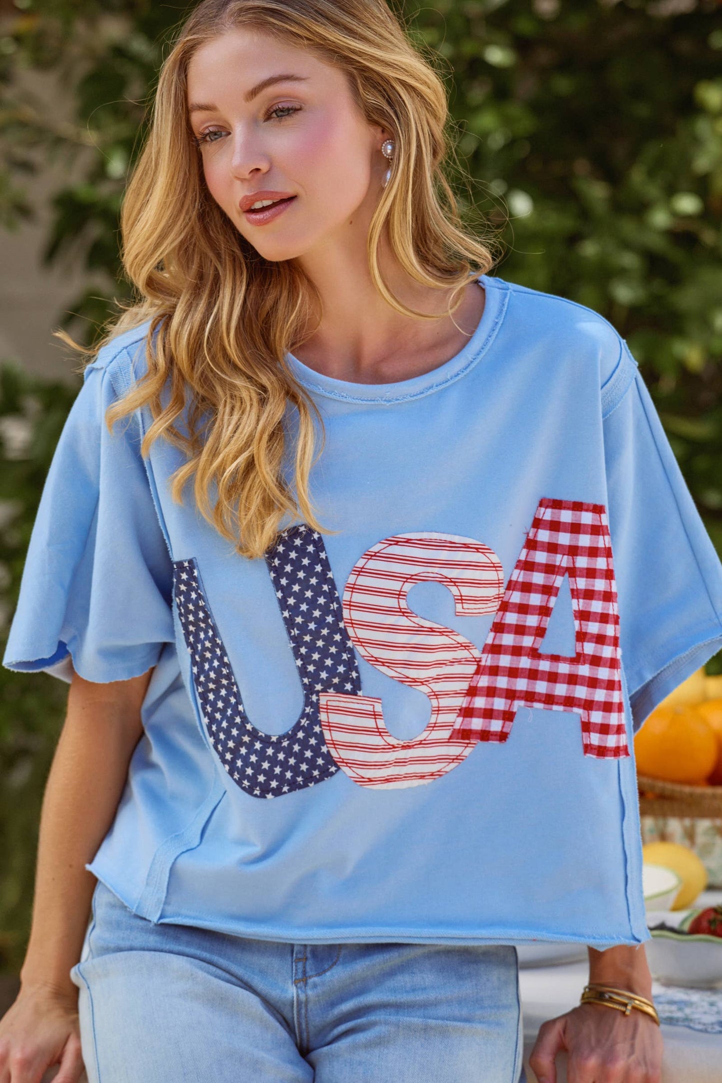 BIG USA LETTER PATCH OVERSIZED 4TH OF JULY KNIT TOP