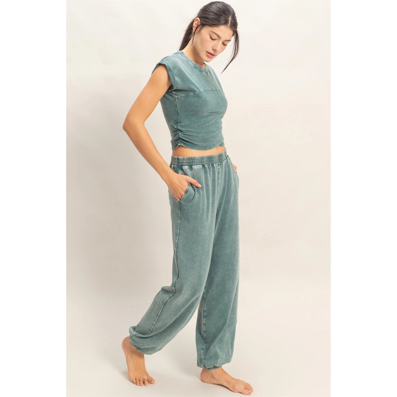 Rolled Sleeve Wrap-Front Crop Top And Jogger Set (Sold As Separates)