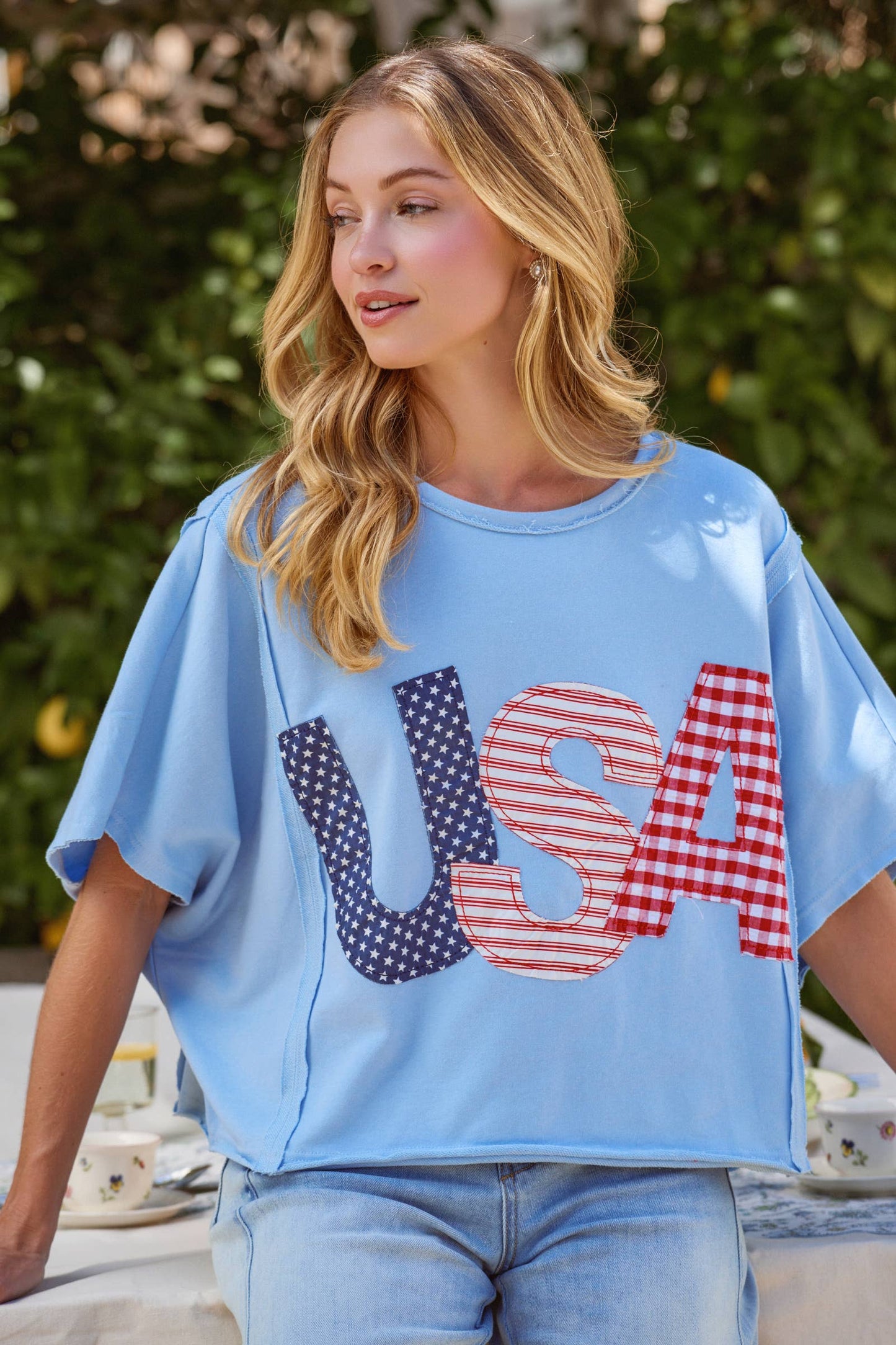 BIG USA LETTER PATCH OVERSIZED 4TH OF JULY KNIT TOP