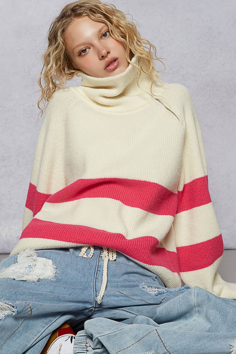 Long Sleeve Mock Neck Contrast Stripe Sweater Top