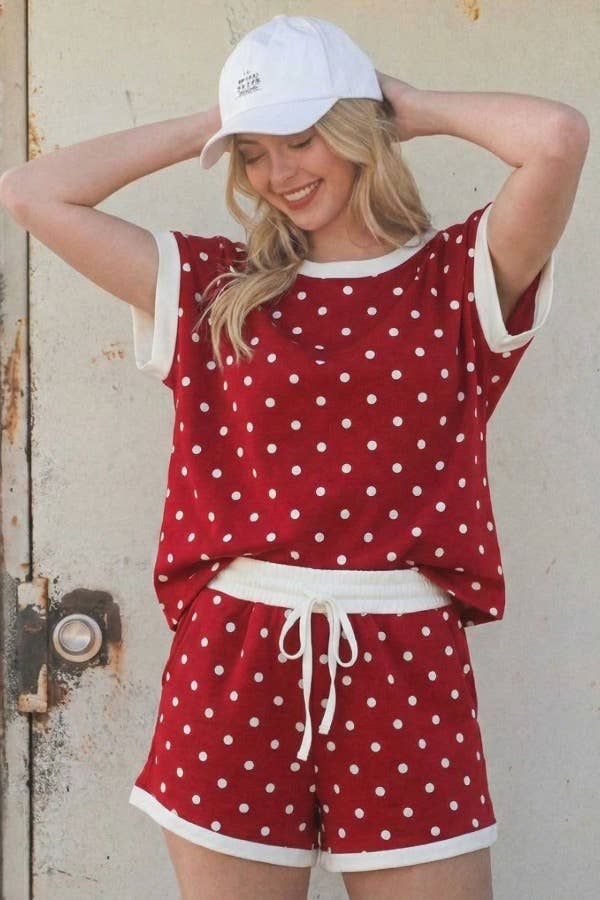 Contrast Polka Dot Soft Scuba Top & Shorts Lounge Set