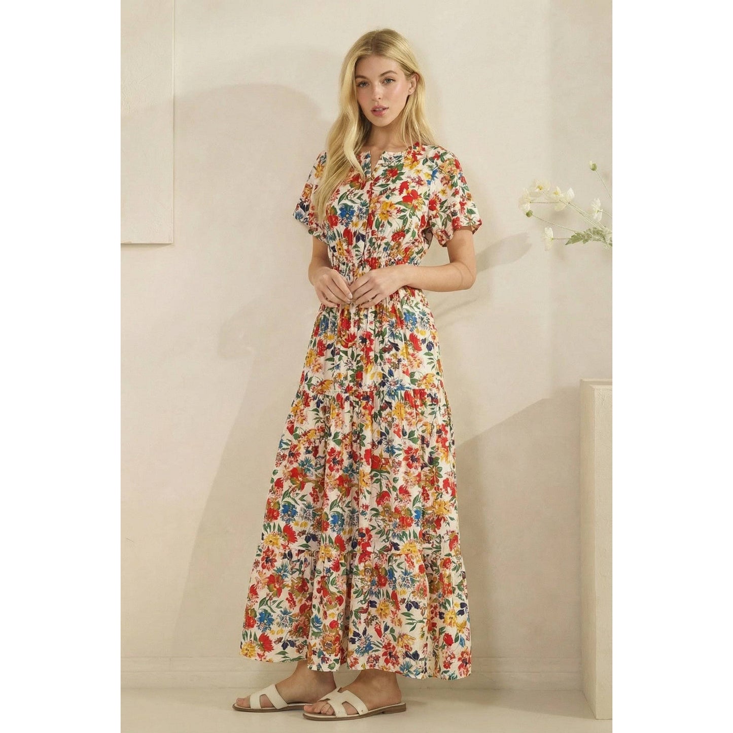 Floral Printed Smocked Short Sleeve Maxi Dress