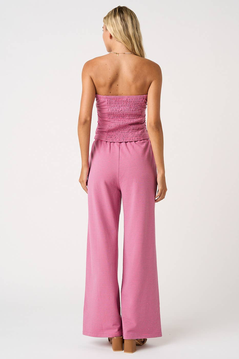 STRIPED PRINT SMOCKED BACK TUBE TOP AND PANTS SET
