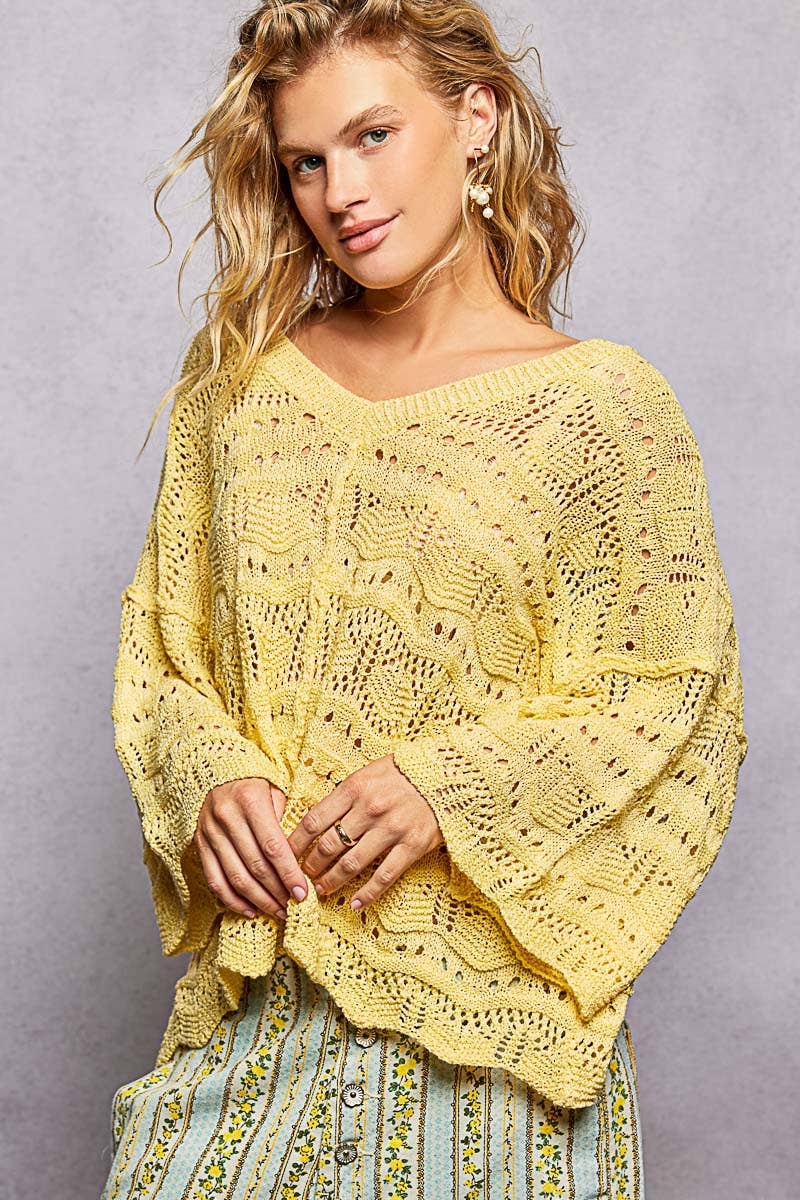 Open Knit V-Neck Oversized Short Sleeve Sweater Top