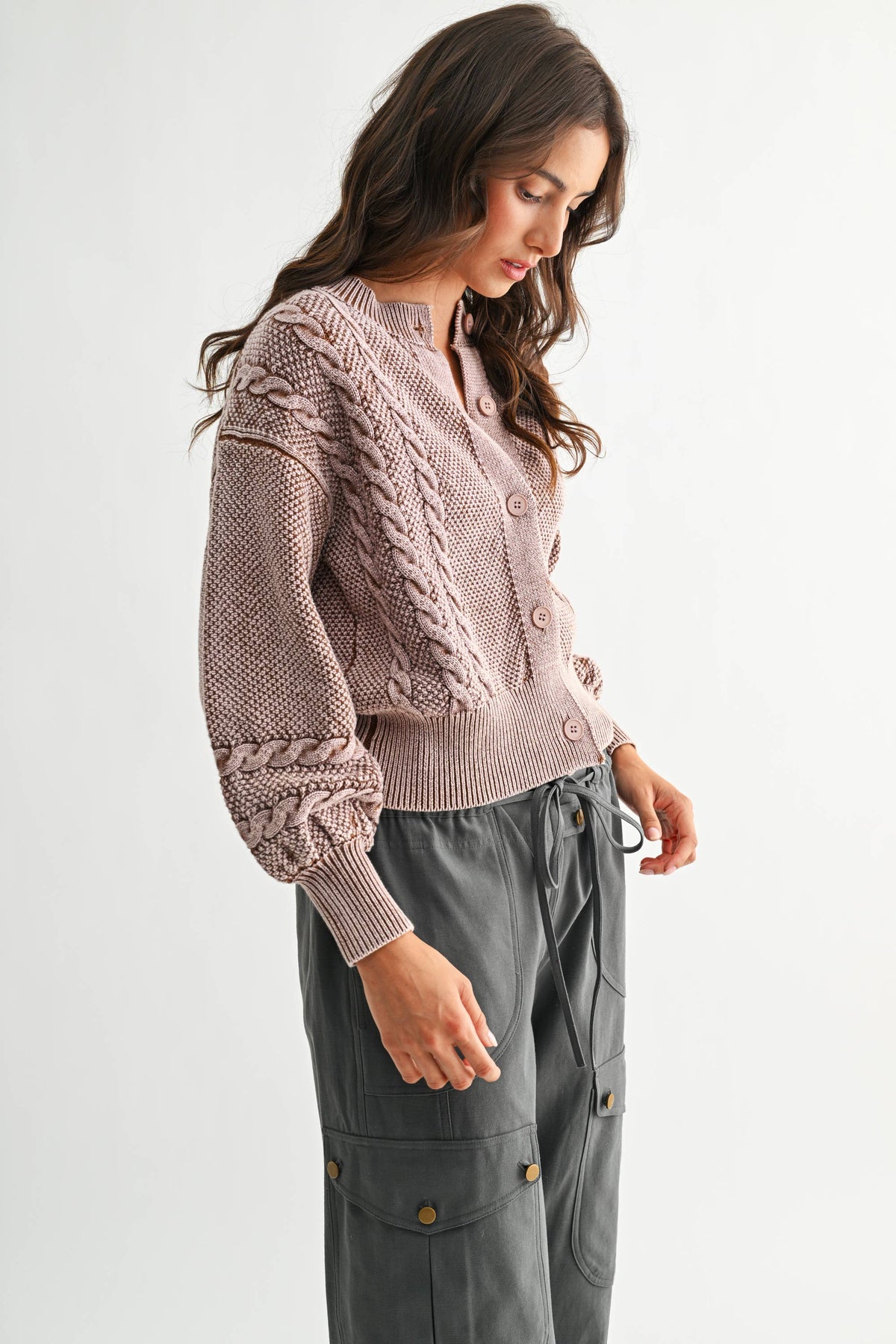 WASHED BLENDED BROWN CABLE KNIT CARDIGAN