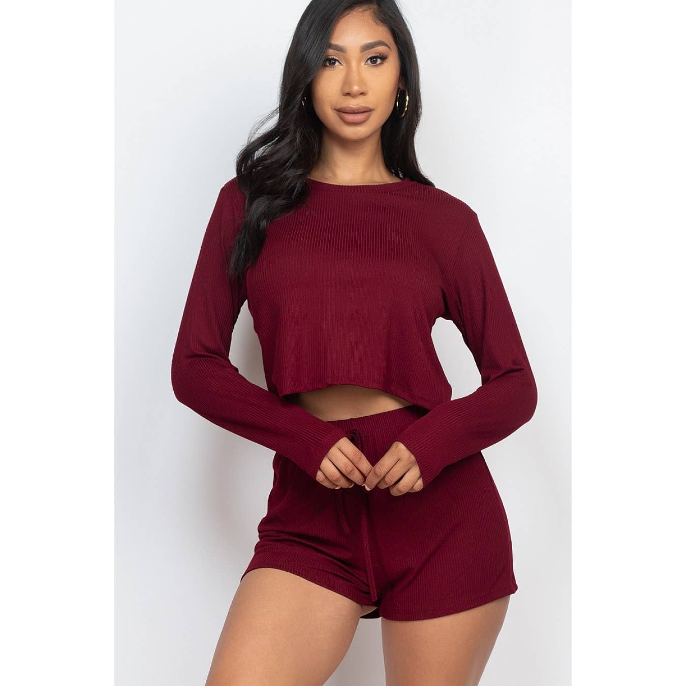 Ribbed Long Sleeves Top and Shorts Set