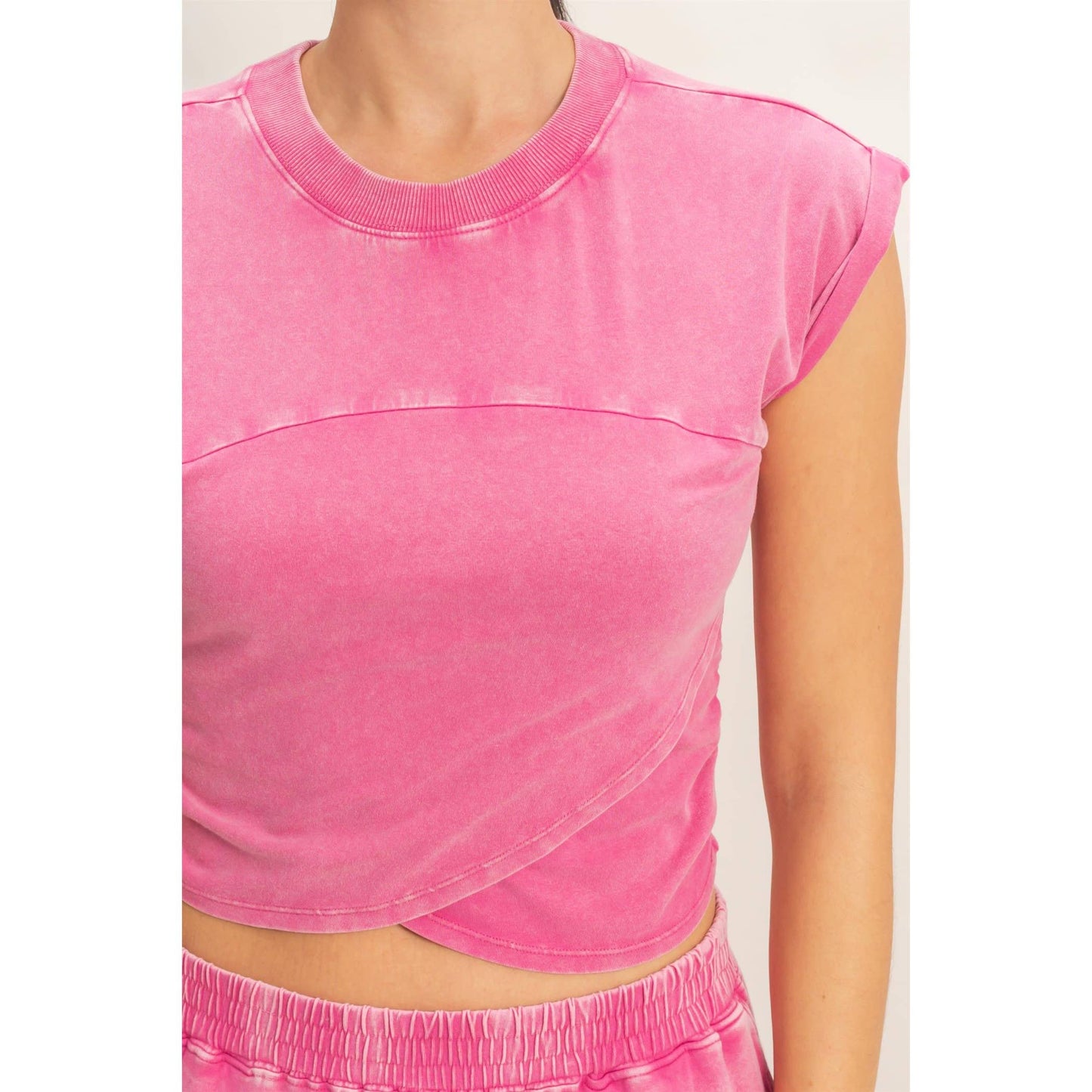 Rolled Sleeve Wrap-Front Crop Top And Jogger Set (Sold As Separates)