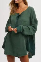 Textured Waffle Knit Patchwork Buttoned Neck Loose Blouse