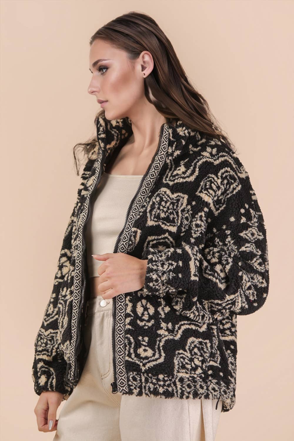 Oversized Trim Detail Printed Casual Fleece Jacket