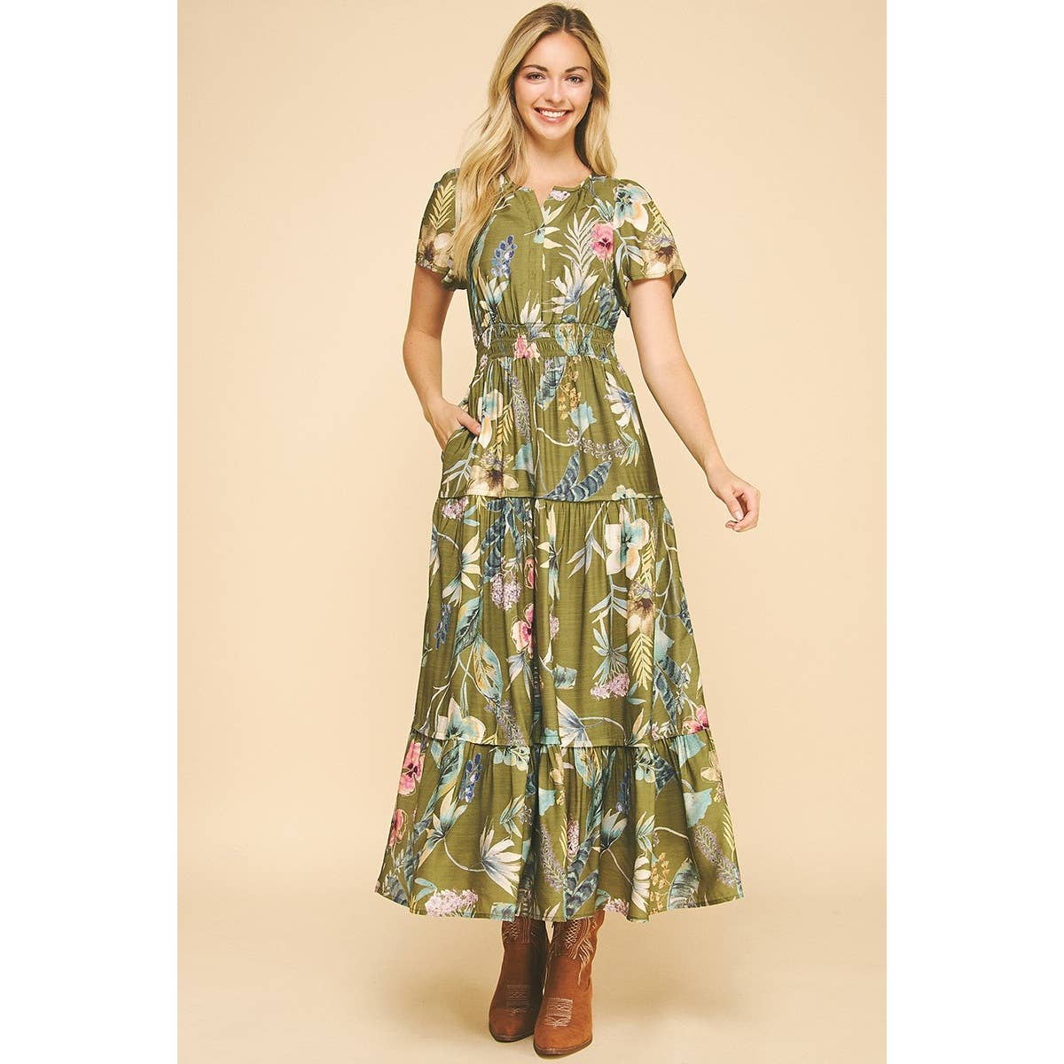 Floral Print Split Neck Tiered Maxi Dress