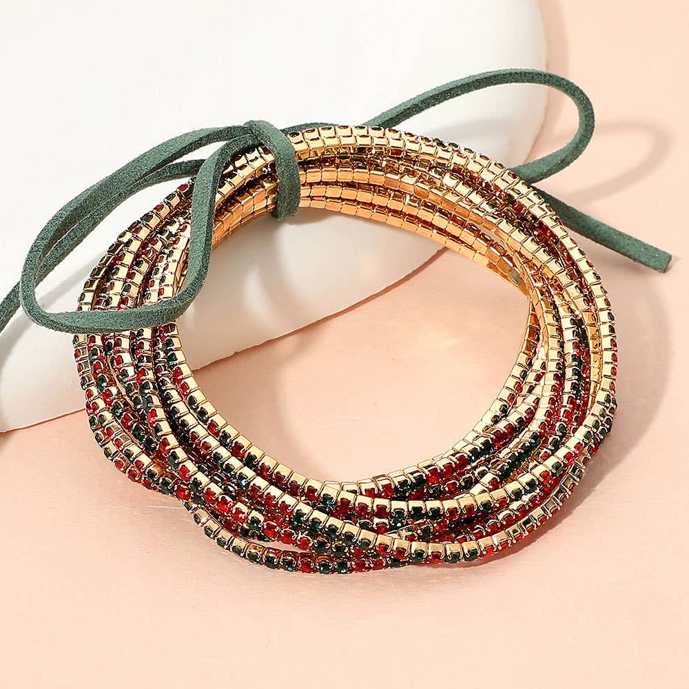 12PCS - Ribbon Pearl Rhinestone Layered Stretch Bracelets