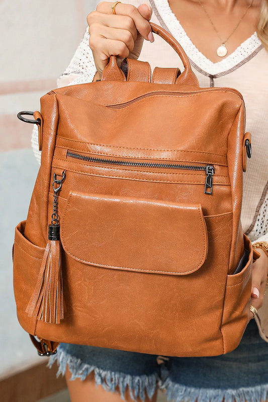 Tassel Décor Retro PU Large Capacity Backpack