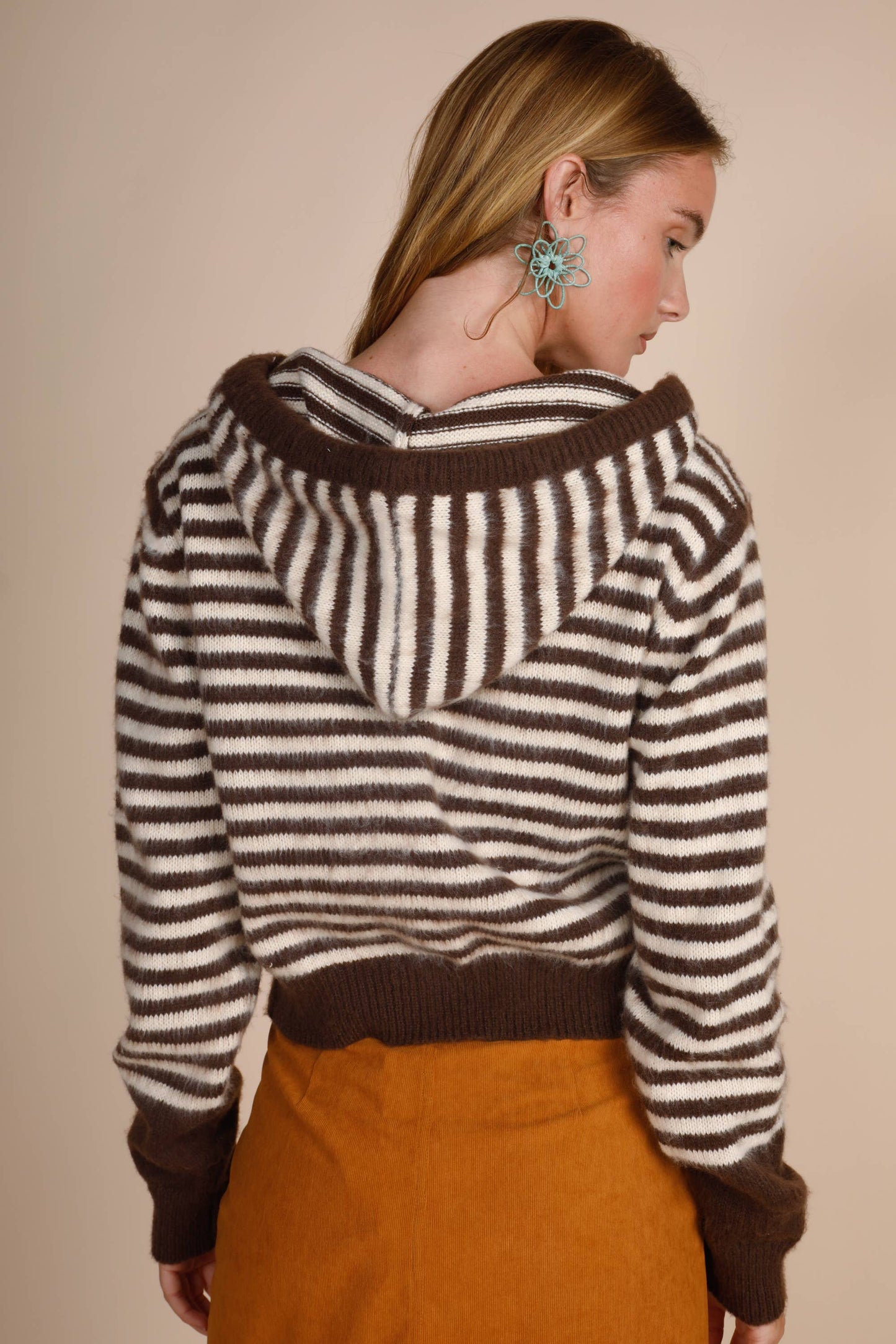 STRIPED BUTTON DOWN HOODIE BOW TIE FRONT SWEATER