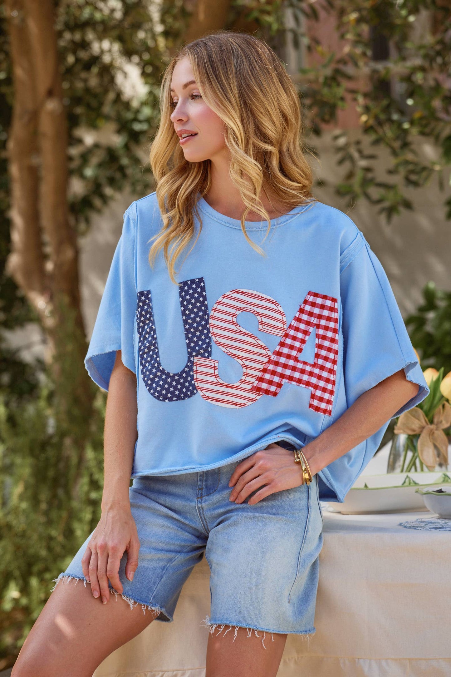 BIG USA LETTER PATCH OVERSIZED 4TH OF JULY KNIT TOP