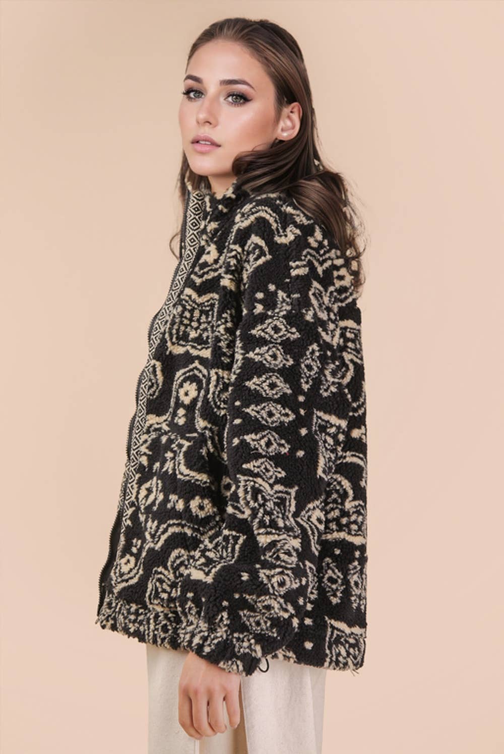 Oversized Trim Detail Printed Casual Fleece Jacket