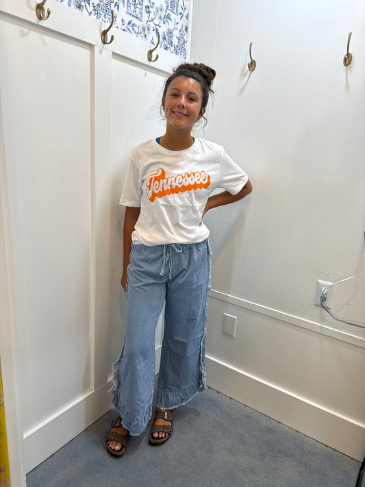 Light Wash Raw Hem Ruffled Wide Leg Jeans