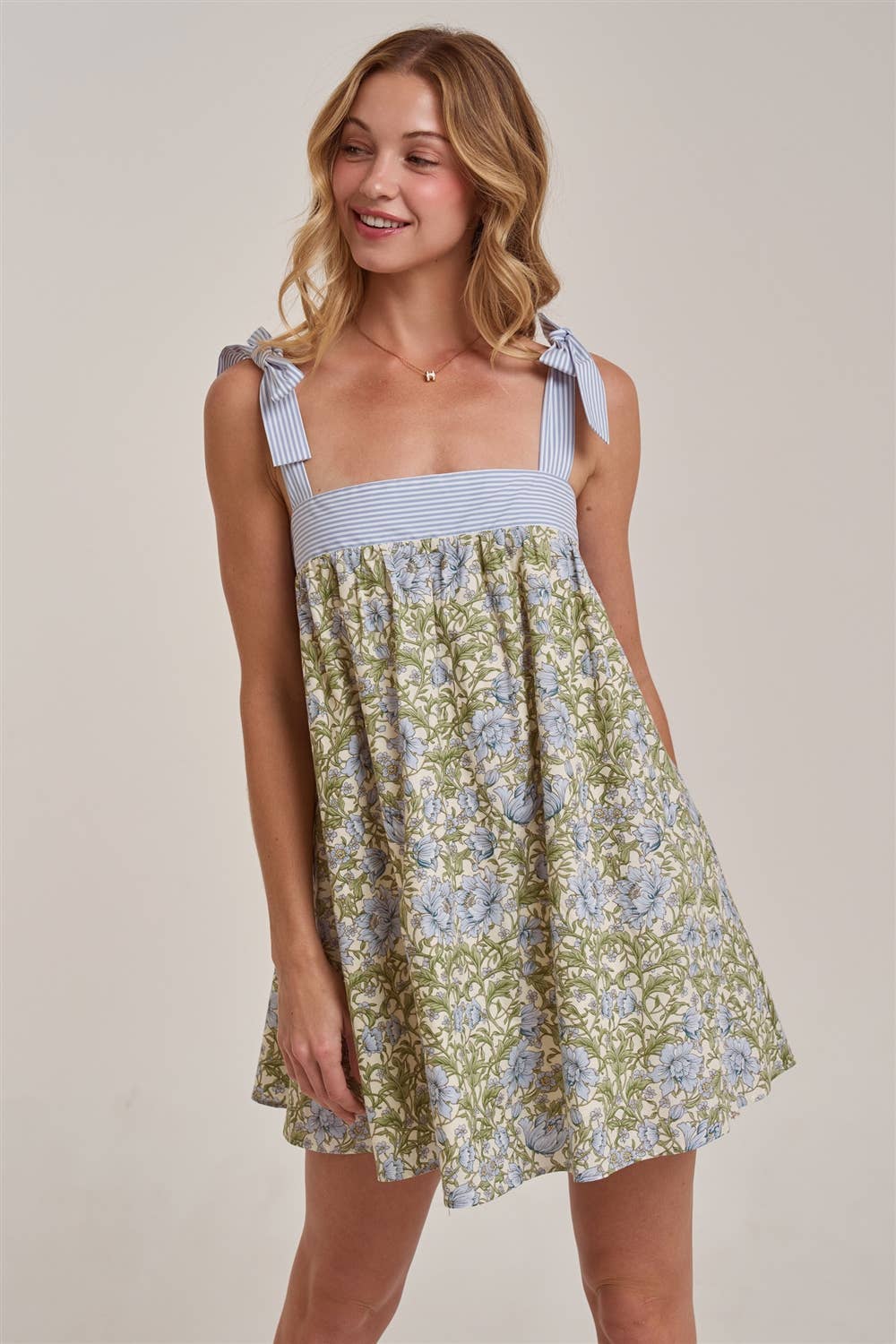 FLORAL BABYDOLL A LINE MINI DRESS WITH STRIPE TIE STRAP