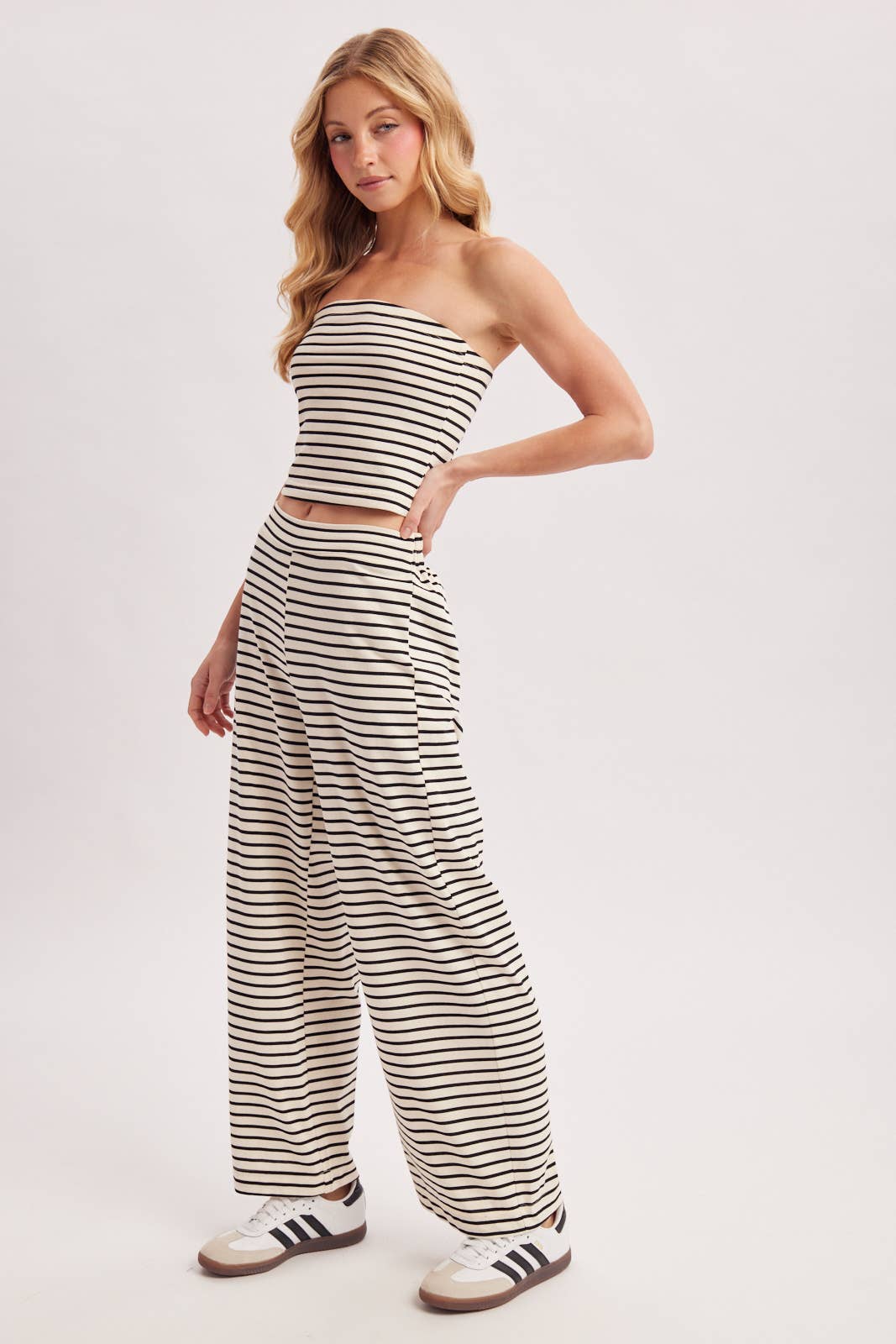 STRIPED KNIT TUBE AND WIDE PANTS SET (Sold as Separates)