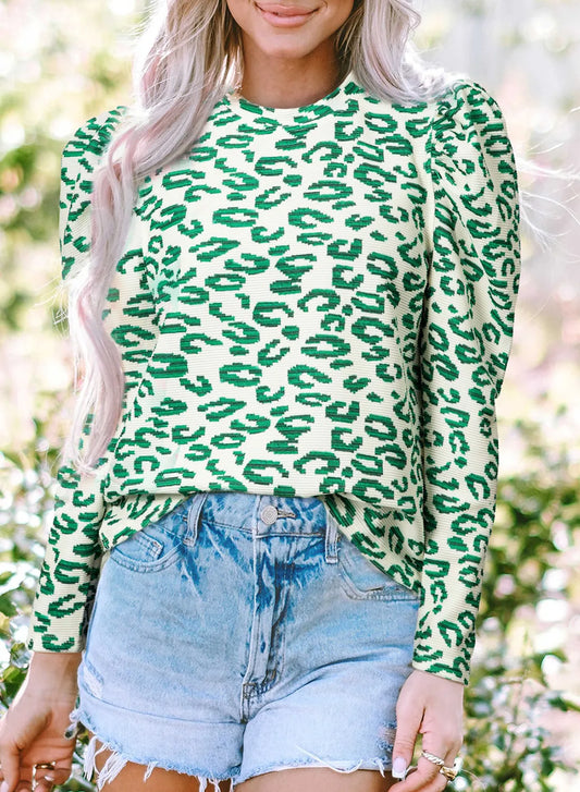 Leopard Print Mock Neck Puff Sleeve  Top