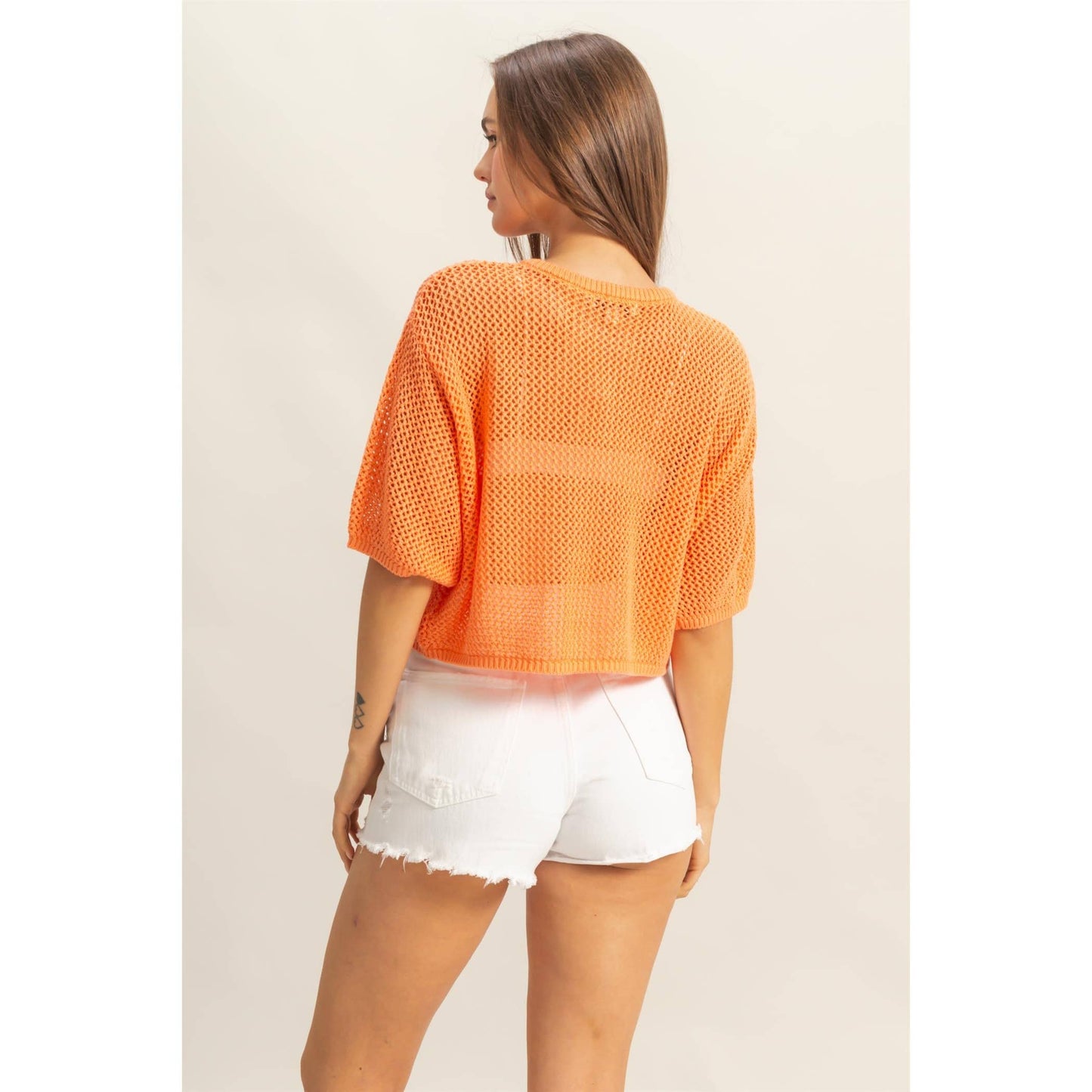 Open Stitch Button Front Loose Top