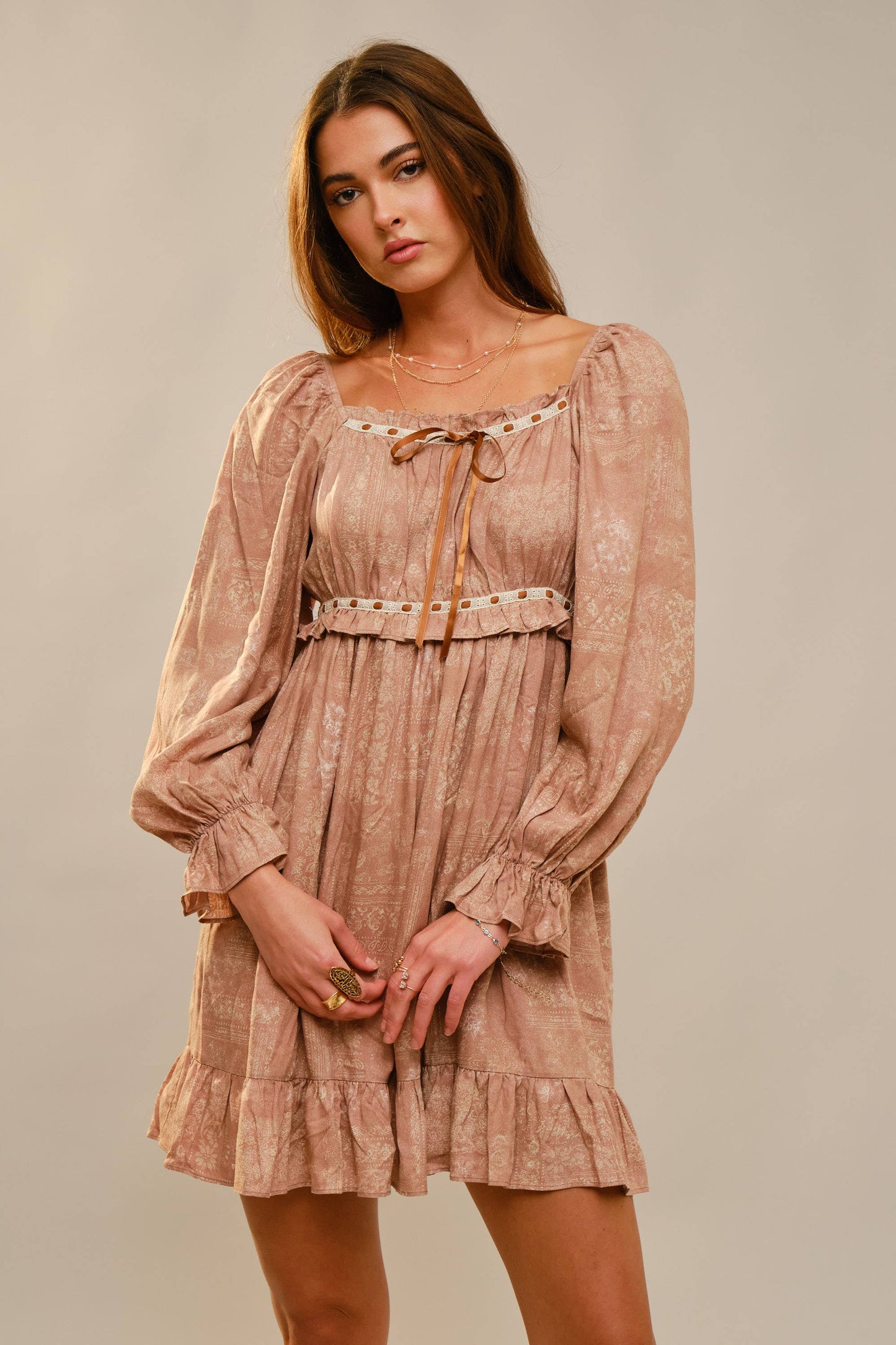 Bohemian Print Ribbon Detail Mini Dress