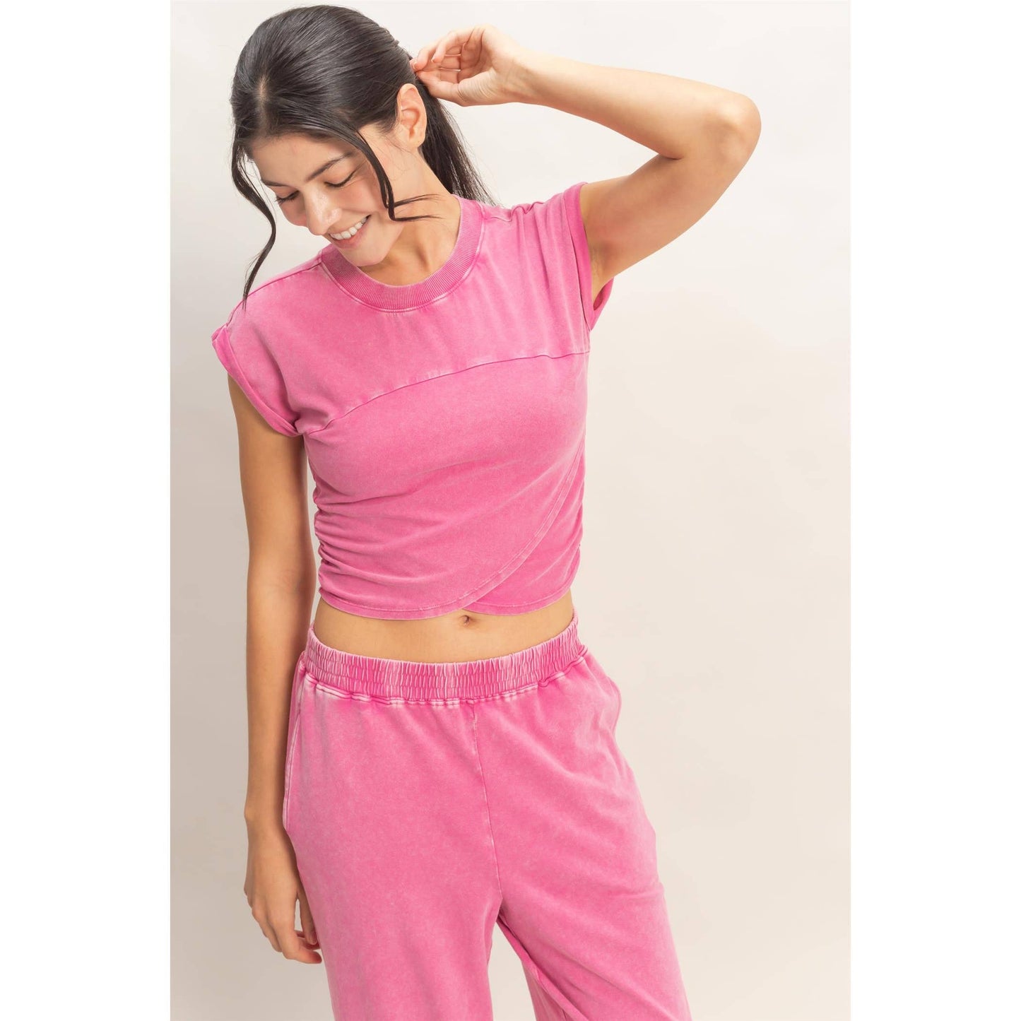 Rolled Sleeve Wrap-Front Crop Top And Jogger Set (Sold As Separates)