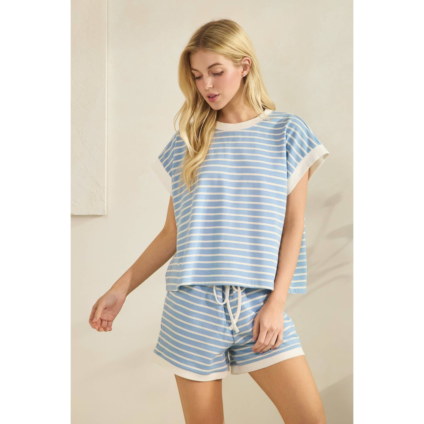 Contrast Striped Round Neck Top & Shorts Set (Sold as Separates)