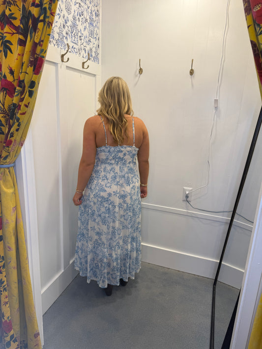 Printed Mesh Long Tiered Dress