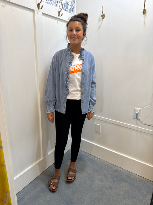 Ruffled Long Sleeve Buttoned Denim Shirt