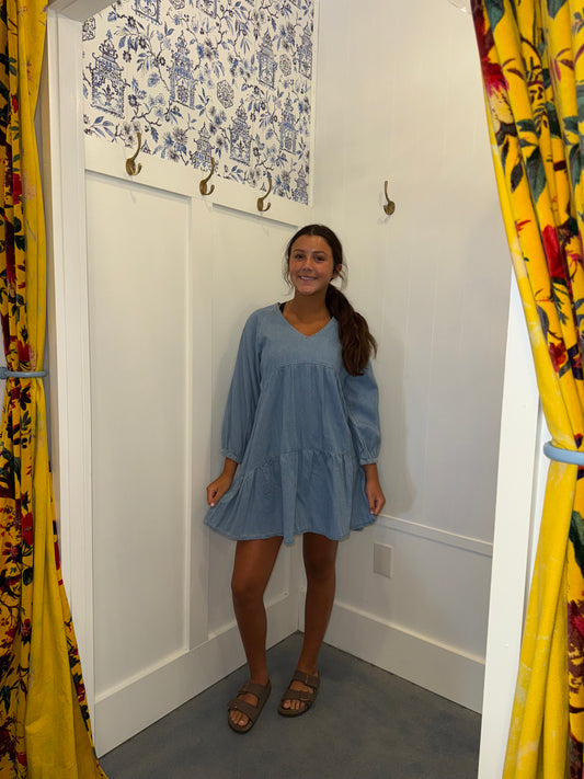 Puff Sleeve V Neck Tiered Ruffled Chambray Mini Dress