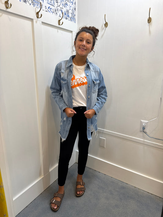 Light Wash Distressed Frayed Long Denim Jacket