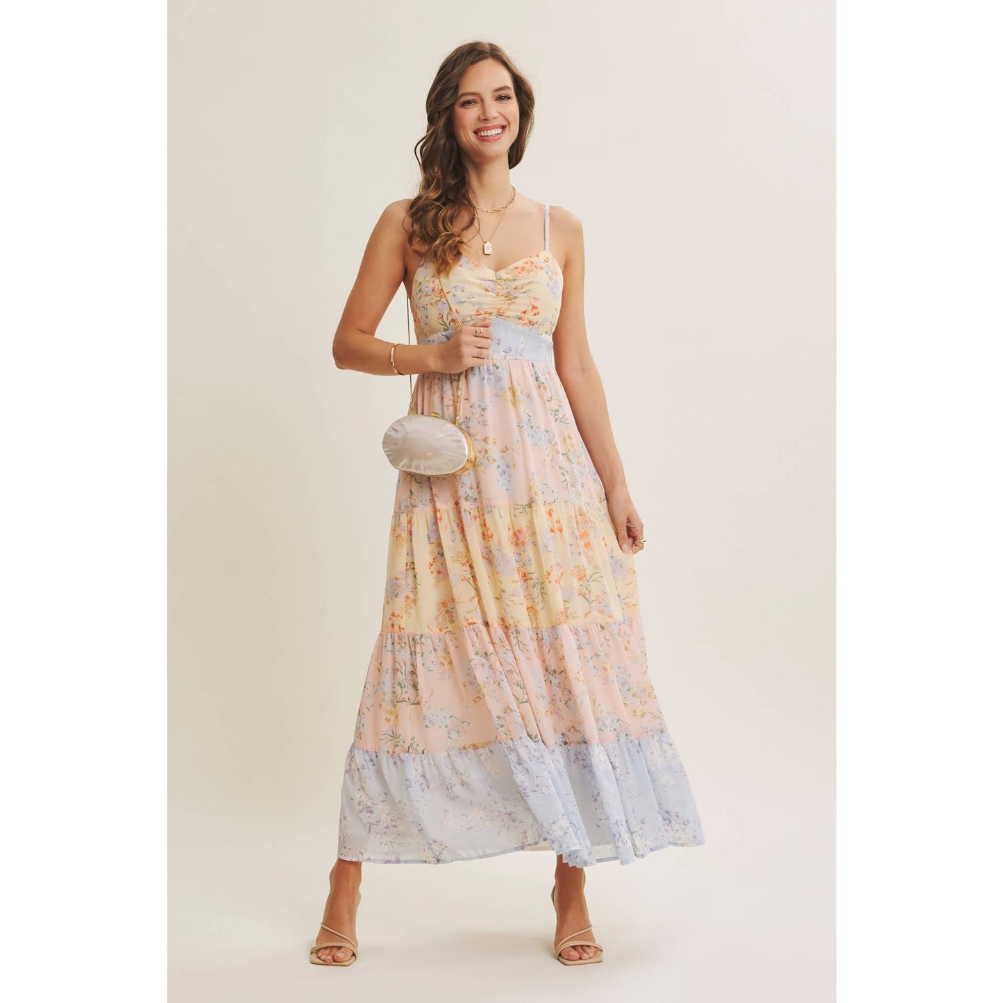 GARDEN PARTY PASTEL FLORAL COLORBLOCK SMOCKED MAXI DRESS